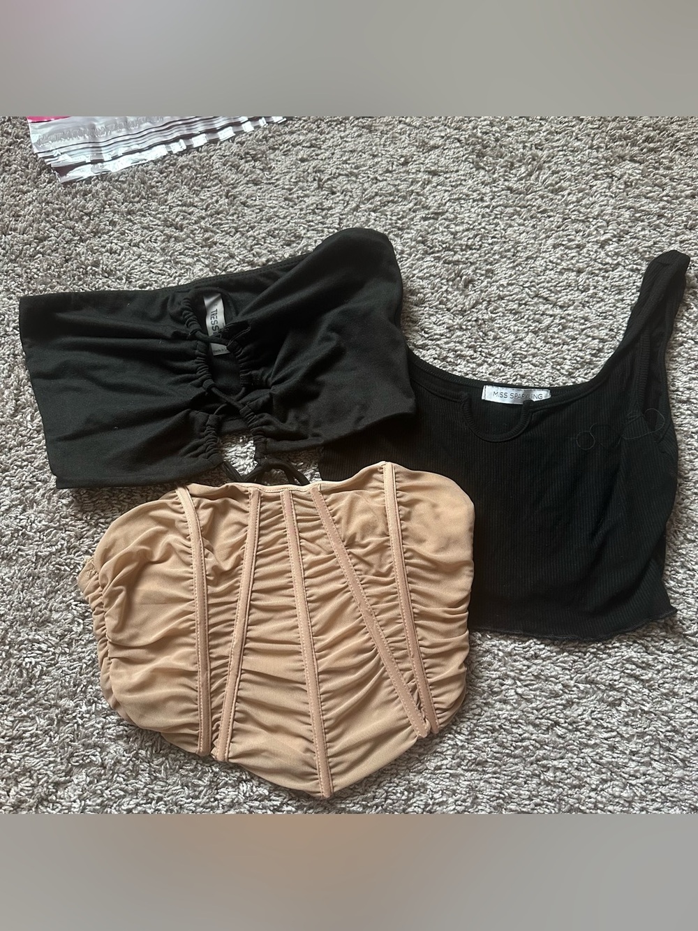 Mixed Crop Top Set — Black Ribbed Tank & Black Ruched Bandeau with Nude Corset